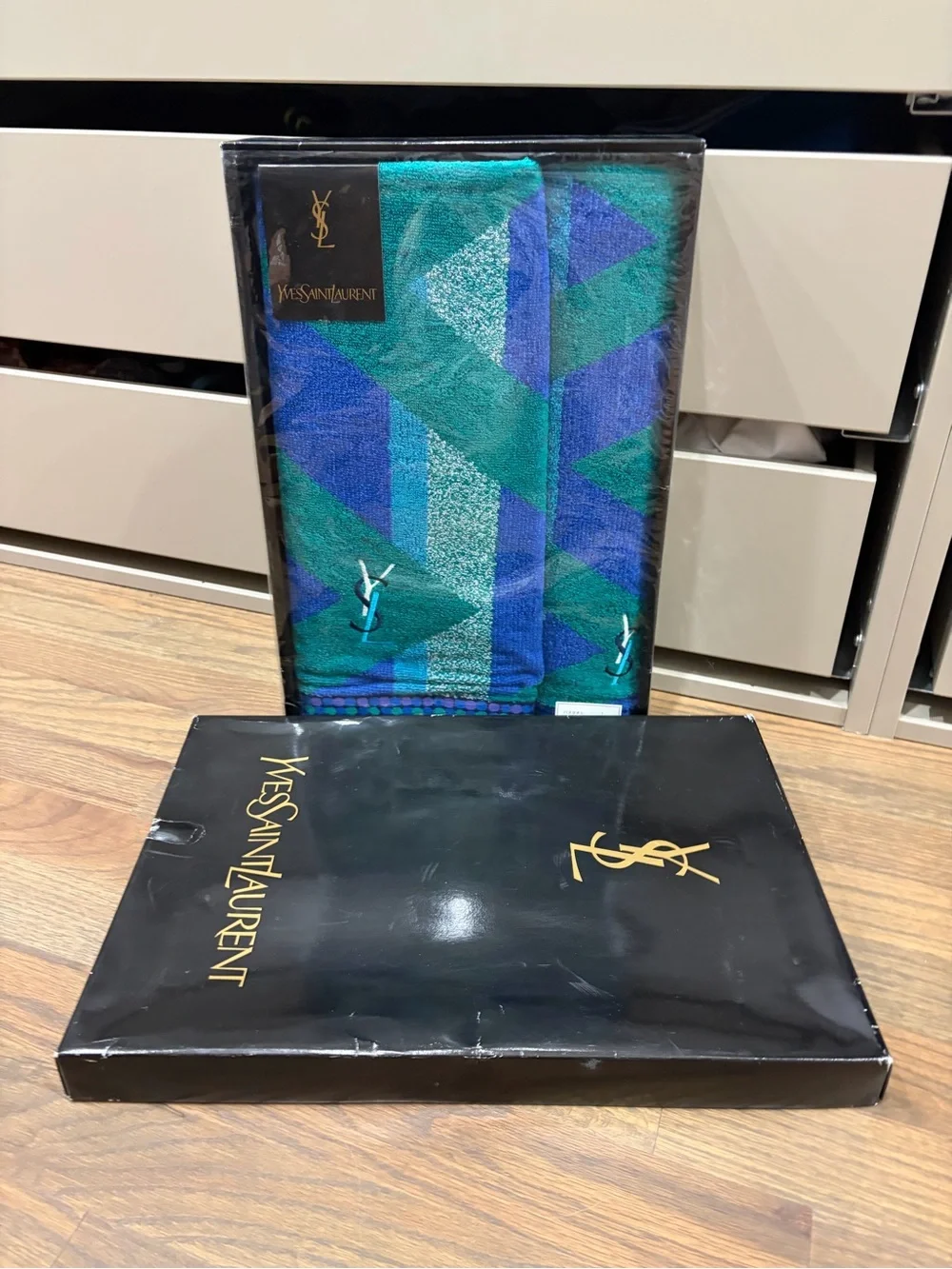 Yves Saint Laurent Teal and Royal Blue Geometric Jacquard Towel